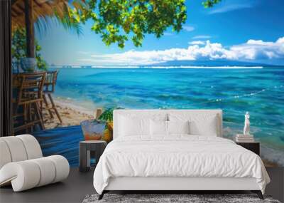 A tropical paradise beach with turquoise waters, gentle waves, and a beachside bar with colorful cocktails and tropical fruit platters. Wall mural