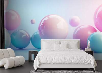 Abstract spheres with a gradient color scheme in a 3D render, floating against a simple, elegant background with smooth textures Wall mural