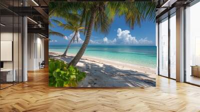 An idyllic summer scene with a pristine white sandy beach and crystal-clear turquoise water. Wall mural