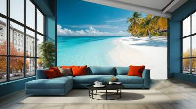 An idyllic summer scene with a pristine white sandy beach and crystal-clear turquoise water. Wall mural