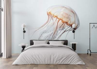 Artistic white surface showcasing a graceful jellyfish, emphasizing its ethereal presence and flowing tentacles in a tranquil aquatic scene Wall mural