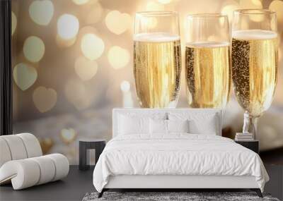 Champagne glasses sparkling with golden bubbles are elegantly arranged on a heart-patterned tablecloth, Wall mural