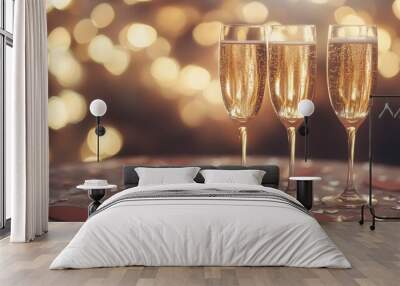 Champagne glasses sparkling with golden bubbles are elegantly arranged on a heart-patterned tablecloth, Wall mural