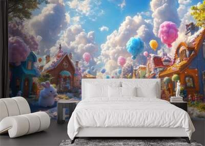 Charming street filled with cotton candy and cloud houses, with playful rabbits and colorful wool-felt balloons enhancing the whimsical atmosphere Wall mural