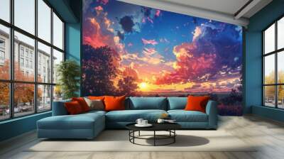 Create a scene of a weather transition from clear skies to a dramatic sunset with vibrant colors, reflecting the end of a sunny day and the onset of twilight Wall mural