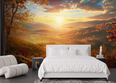 Depict the autumn equinox with a landscape where shadows are balanced by daylight, surrounded by vibrant fall colors and a setting sun Wall mural