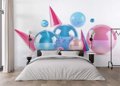 Dynamic 3D render of realistic shapes, including metallic blue and pink spheres, torus, tubes, and cones, floating against a clean white background Wall mural