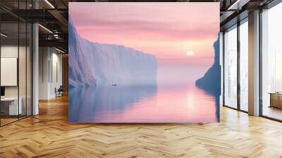 Futuristic 3D render of a tranquil landscape with cliffs and water, set in a minimal abstract environment with serene sunset or sunrise light Wall mural