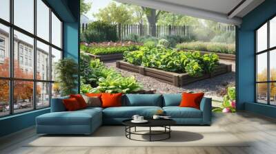 Illustrate a spring urban garden with raised beds of fresh lettuce, radishes, and herbs, surrounded by blooming flowering shrubs Wall mural