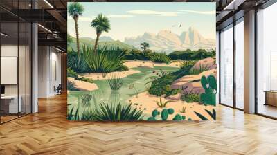 Illustration of a desert oasis ecosystem, highlighting the unique flora and fauna that thrive around limited water sources in arid regions Wall mural