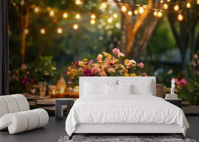 Imagine a garden party for Mother Day with string lights, a beautifully set table, and a variety of flowers. Wall mural