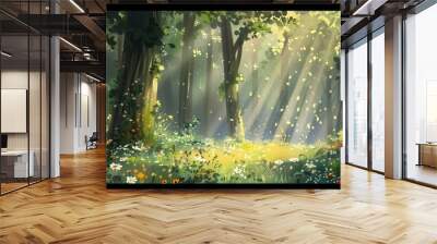 spring equinox forest scene with equal sunlight and shadow, where new leaves and flowers thrive in a perfectly balanced environment Wall mural