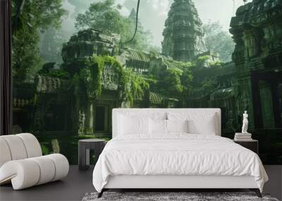 The ancient ruins of Angkor Wat partially covered in lush green moss, Wall mural