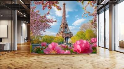 The Eiffel Tower surrounded by spring blossoms, with colorful flowers framing the landmark and adding a touch of natural beauty Wall mural