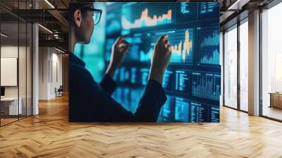 The influence of data science on business strategy is highlighted as a businesswoman analyzes financial data Wall mural