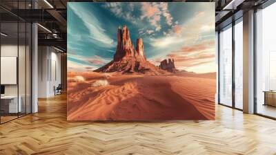 The serene desert scene includes a solitary rock formation standing tall against the horizon, with a brilliant sky Wall mural