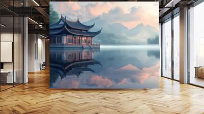 tranquil reflection in a nearby lake, with its image mirrored perfectly on the calm water Wall mural