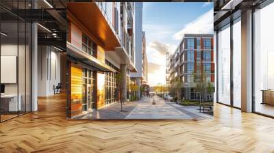 Trends in mixed-use development projects combining residential and commercial spaces in construction site buildings. Wall mural