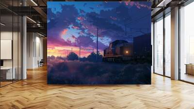 Visualize a cargo train at dusk, with the sky transitioning to deep blues and purples as the train makes its way through a rural area Wall mural