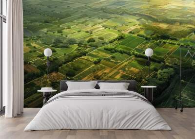 Visualize an aerial view of farmland with a mix of traditional and modern agricultural practices, blending old and new techniques Wall mural