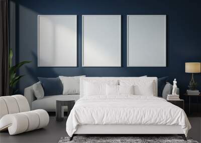 Modern living room with white poster frames for mockup. Dark blue background. AI generation. Wall mural