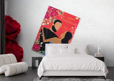 Top view of red happy anniversary card, flatlay of valentines day card Wall mural