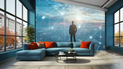 Businessman on top of the world, with network connections generative ai Wall mural