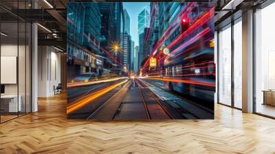 cityscape with rays of light, expressing the fast life in the city generative ai Wall mural