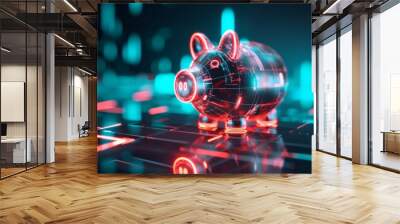 Digital illustration of a futuristic piggy bank with a holographic glow generative ai Wall mural