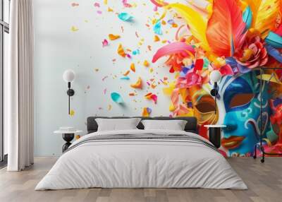 Dynamic carnival design showcasing colorful masks and playful decorations against a clean white background generative ai Wall mural