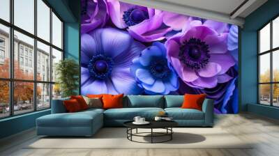 Exotic tropical anemone flowers with a vibrant mix of blues and purples generative ai Wall mural