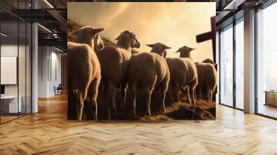 flock of sheep looking at the cross of Jesus, christian concept, generative ai Wall mural