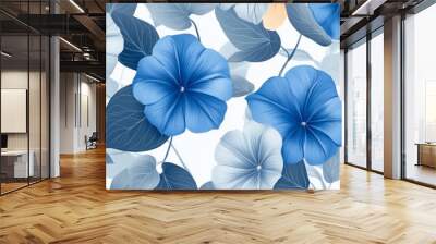 Floral pattern with blue morning glories and pale gray leaves generative ai Wall mural