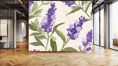 Floral pattern with purple lavender and soft green leaves generative ai Wall mural