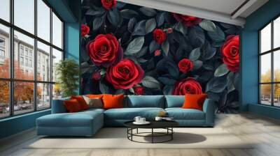 Floral pattern with red roses and deep green leaves generative ai Wall mural