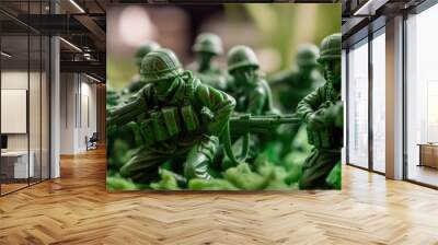 Green plastic toy soldiers in the middle of a war, generative ai Wall mural