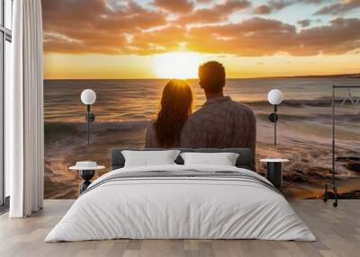 Happy couple watching the sunrise at the beach generative ai Wall mural