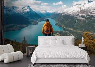 hiker overlooking the stunning fjords of norway generative ai Wall mural