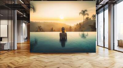 infinity pool, woman relaxing in Bali, generative ai Wall mural