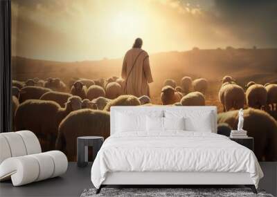 Jesus the good shepherd, guiding his sheep, christian concept, generative ai Wall mural