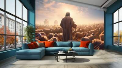 Jesus the good shepherd, guiding his sheep, christian concept, generative ai Wall mural