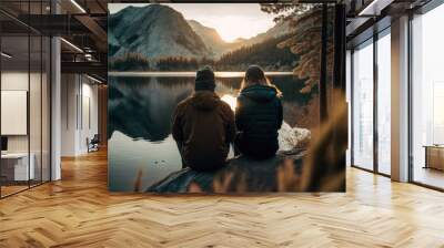 Love couple sitting in front of a lake, Generative AI Wall mural