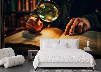 person holding a magnifying glass over a book, symbolizing research and education generative ai Wall mural