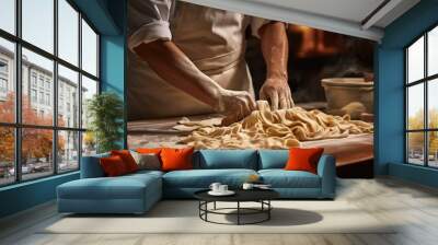 person making pasta by hand in an Italian kitchen. generative ai Wall mural