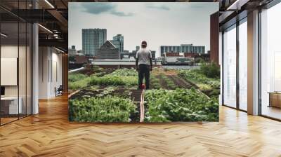 person working on an urban rooftop garden or farm generative ai Wall mural