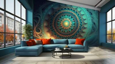 teal mandala energy, lotus, flower of life, oriental yoga, chakra abstract, generative ai Wall mural