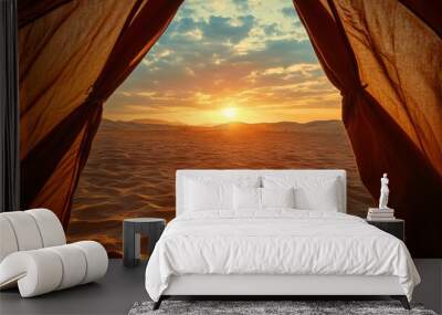 Views of a sunrise over the desert from the brown tent. Summer, travel, nature, golden dunes. generative ai Wall mural