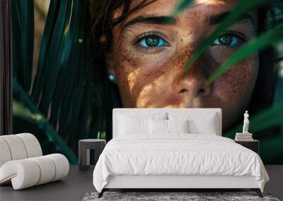 woman's face surrounded by tropical palm leaves, island background generative ai Wall mural