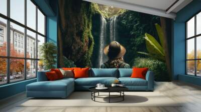 woman in front of a waterfall in a tropical forest, adventure, generative AI Wall mural