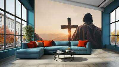 woman looking at the cross of Jesus, christian concept, generative ai Wall mural